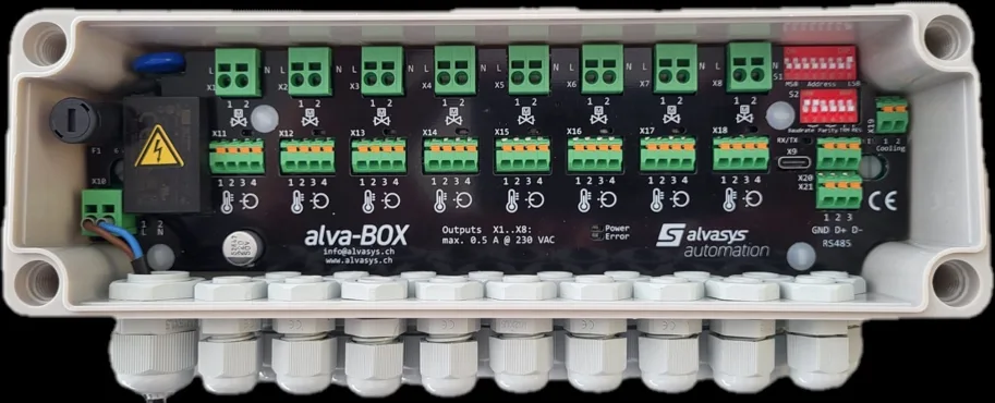 alva-Box mit 8x Triac, 8xTemperatur und 8x Sollwertversteller mit Modbus RTU