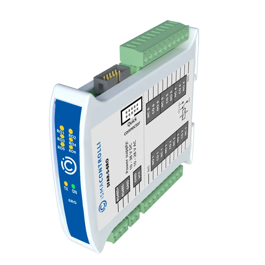 IO-Modul: 6× Relais (NC/NO, 10 A DC / 5 A AC), RS485