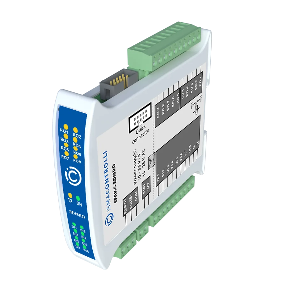 IO-Modul: 8× DI, 8× Relais (3 A DC / 230 V AC), RS485